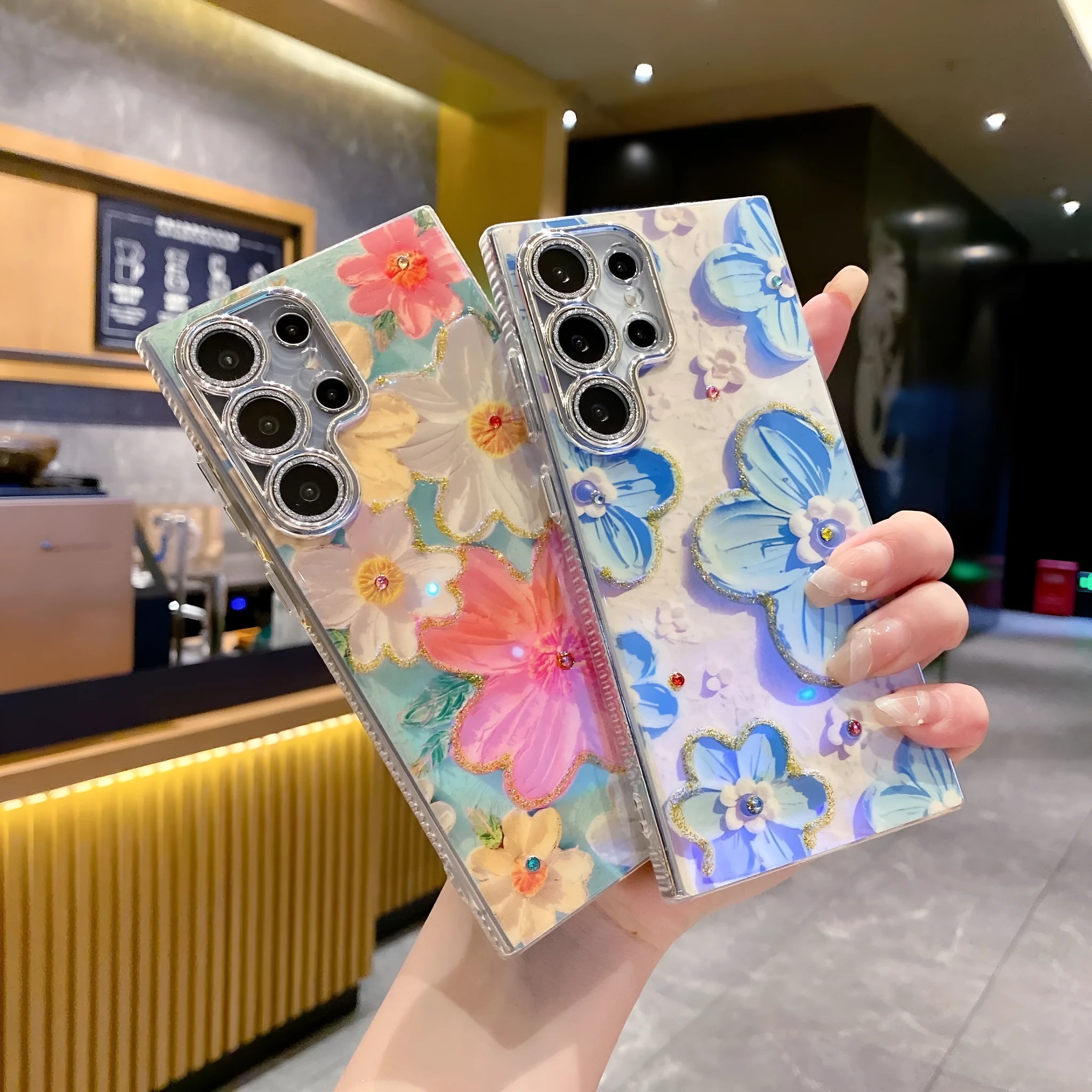 Luxury rhinestone oil painting flower phone case for Samsung with electroplating finish in blue on white background pattern