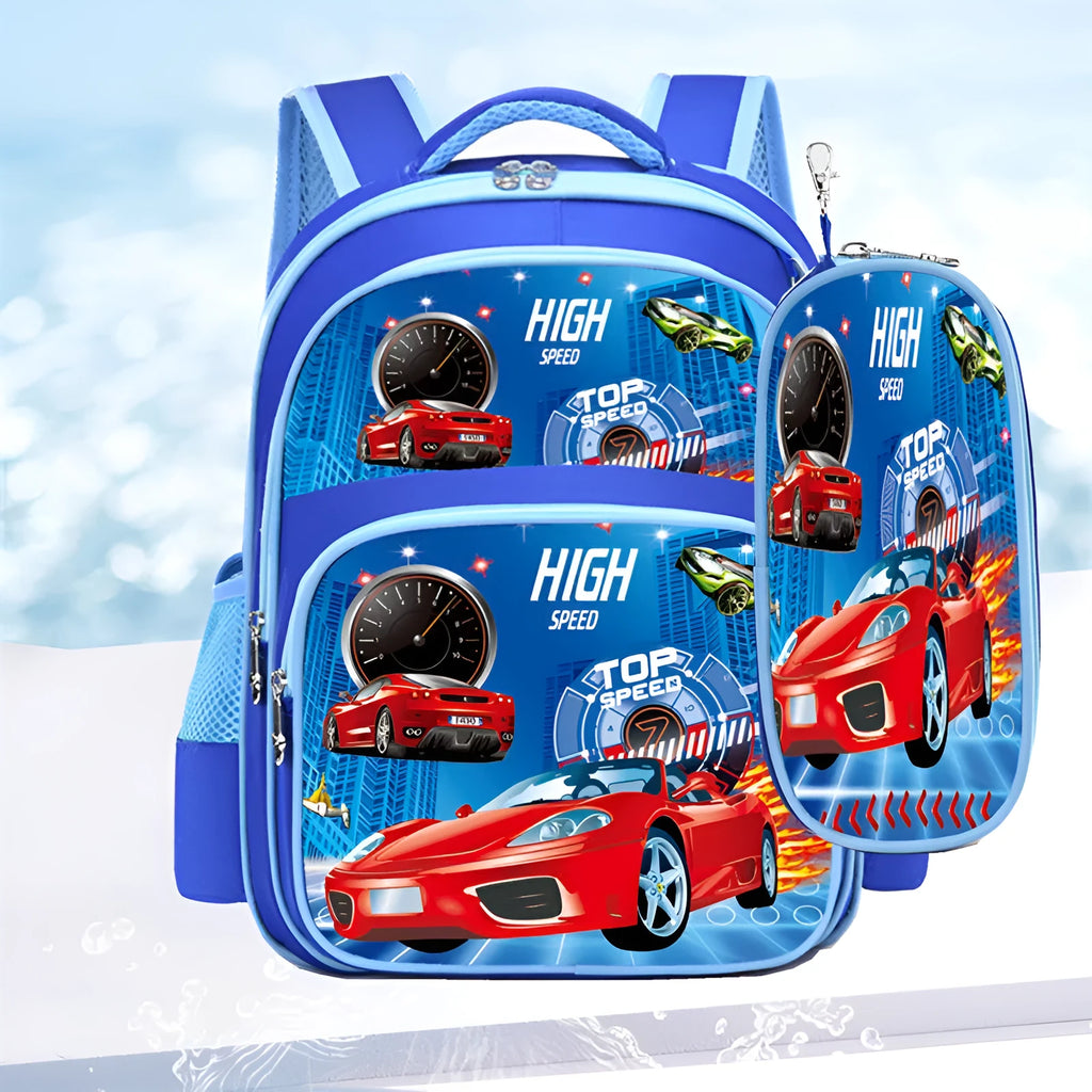 Blue cartoon print children's backpack with pencil case for school use