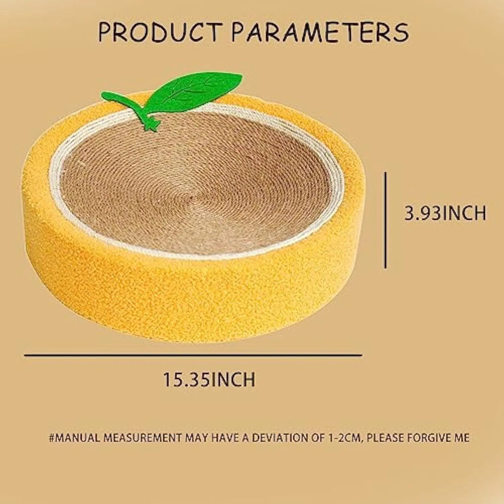 Yellow round cat scratching board with sisal surface and slightly concave centre for sleeping