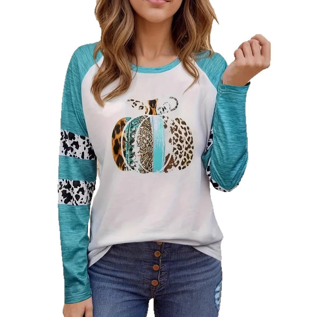 Sky blue long sleeve T-shirt with a large 3D Halloween pumpkin digital print.