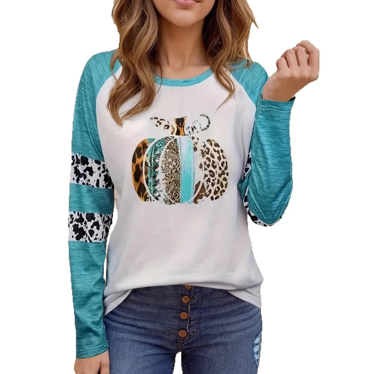 Sky blue long sleeve T-shirt with a large 3D Halloween pumpkin digital print.