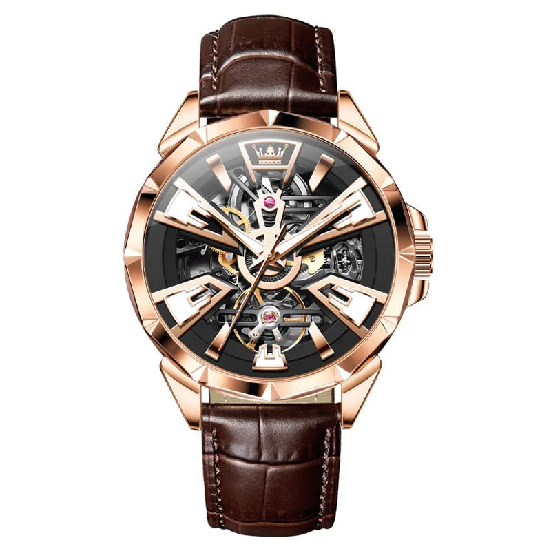 Men's automatic mechanical watch with hollow design, waterproof feature, 44mm barrel-shaped stainless steel case
