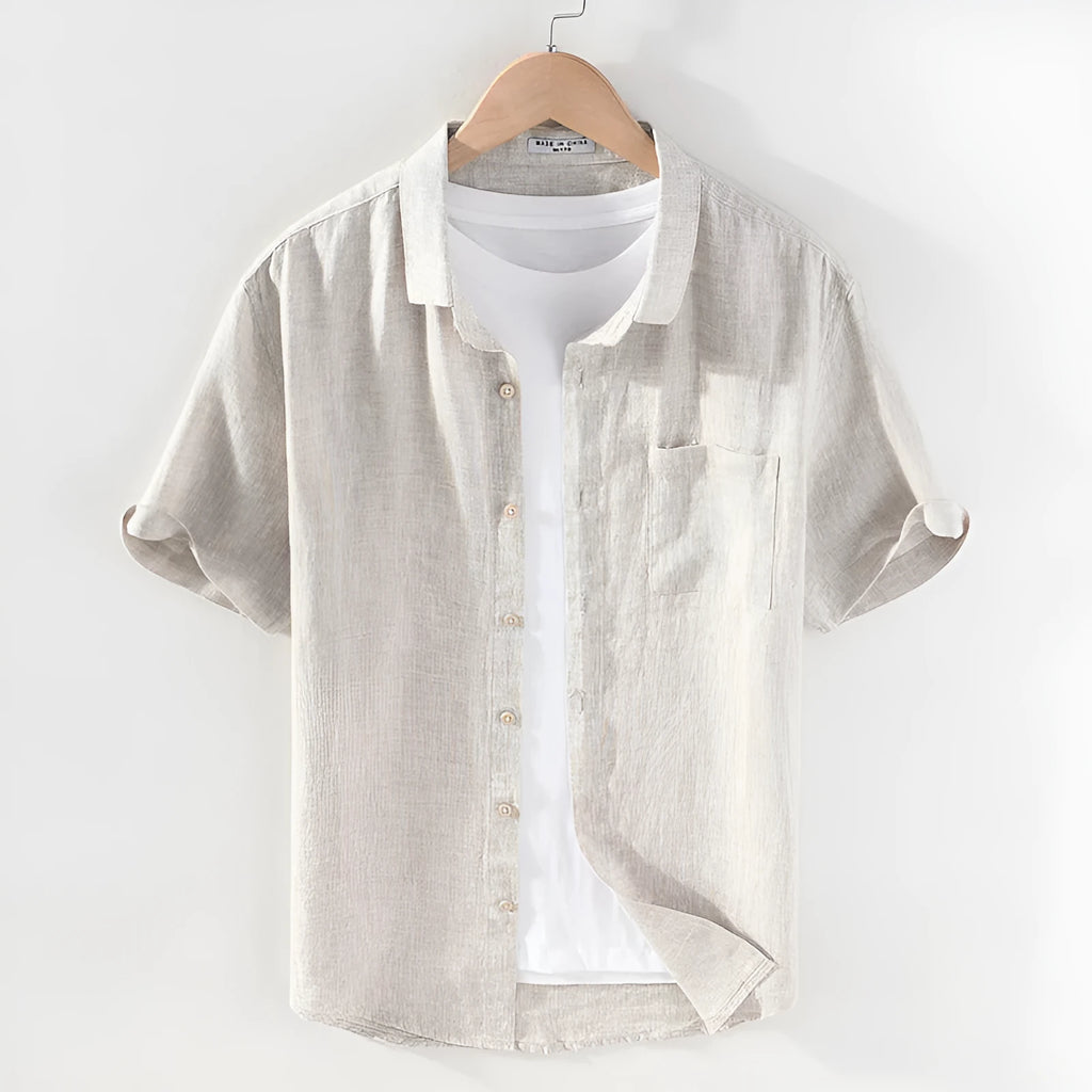 Men's linen short sleeve casual shirt with square collar in raw jute colour