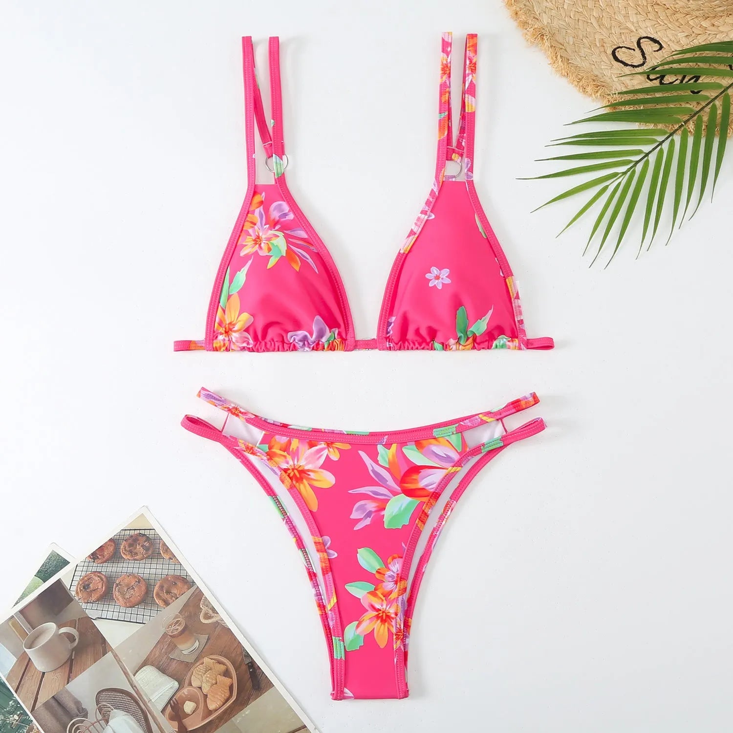 Women's halter printed bikini briefs in polyester with floral pattern for swimming