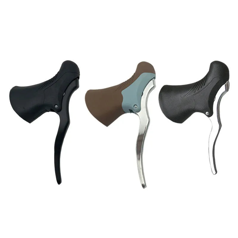 A pair of aluminium alloy road bicycle brake handles in black, showing the clamp for 22.2mm/23.8mm handlebars