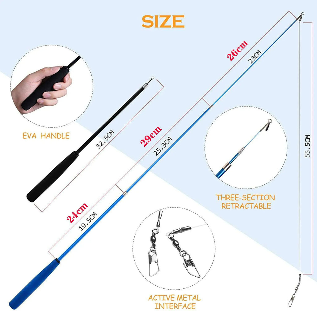 Cat teaser feather fishing rod set with telescopic pole and multiple replacement heads