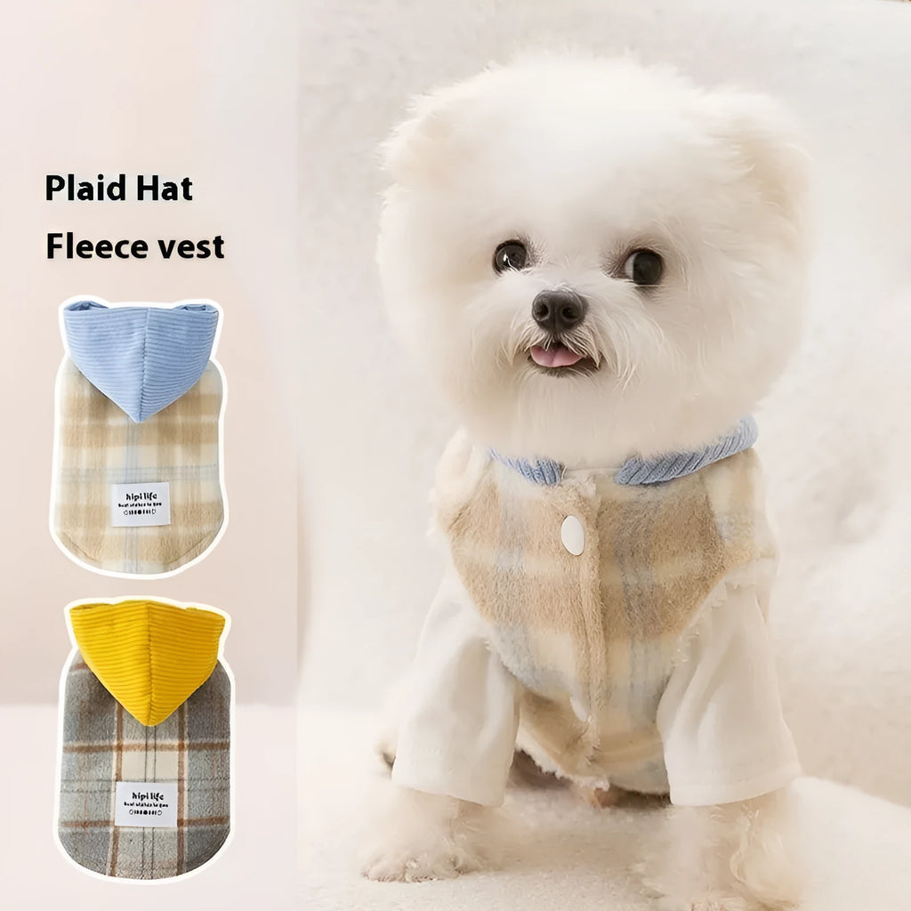 Blue corduroy dog hoodie with chessboard grid print and a traction hood.