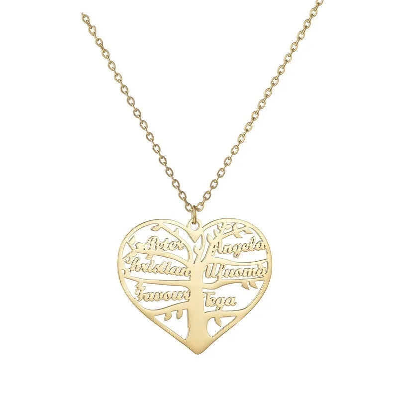 Women's custom name necklace with stainless steel heart and tree pendant on a chain.