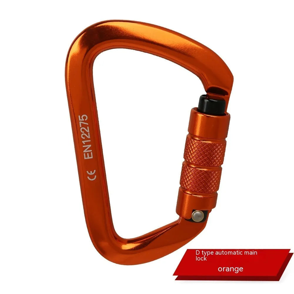 D-shaped climbing carabiner lock with automatic or threaded gate in colours: black, blue, orange, red, silver red.