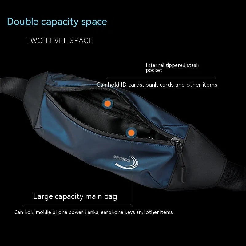 Men's blue waterproof sports waist bag with adjustable strap, 45cm long Oxford polyester construction