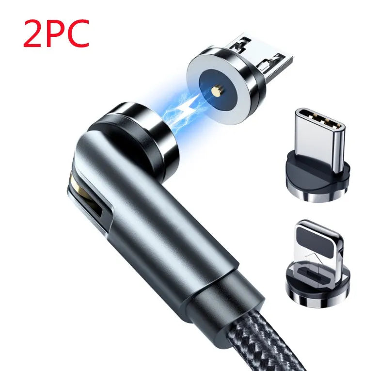 Essager black magnetic USB cable with rotating head and blue LED light, shown connecting to a phone.