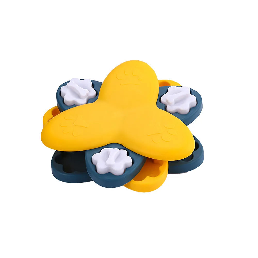 Green and yellow dog puzzle toy with nine bone-shaped covers on a non-slip base.