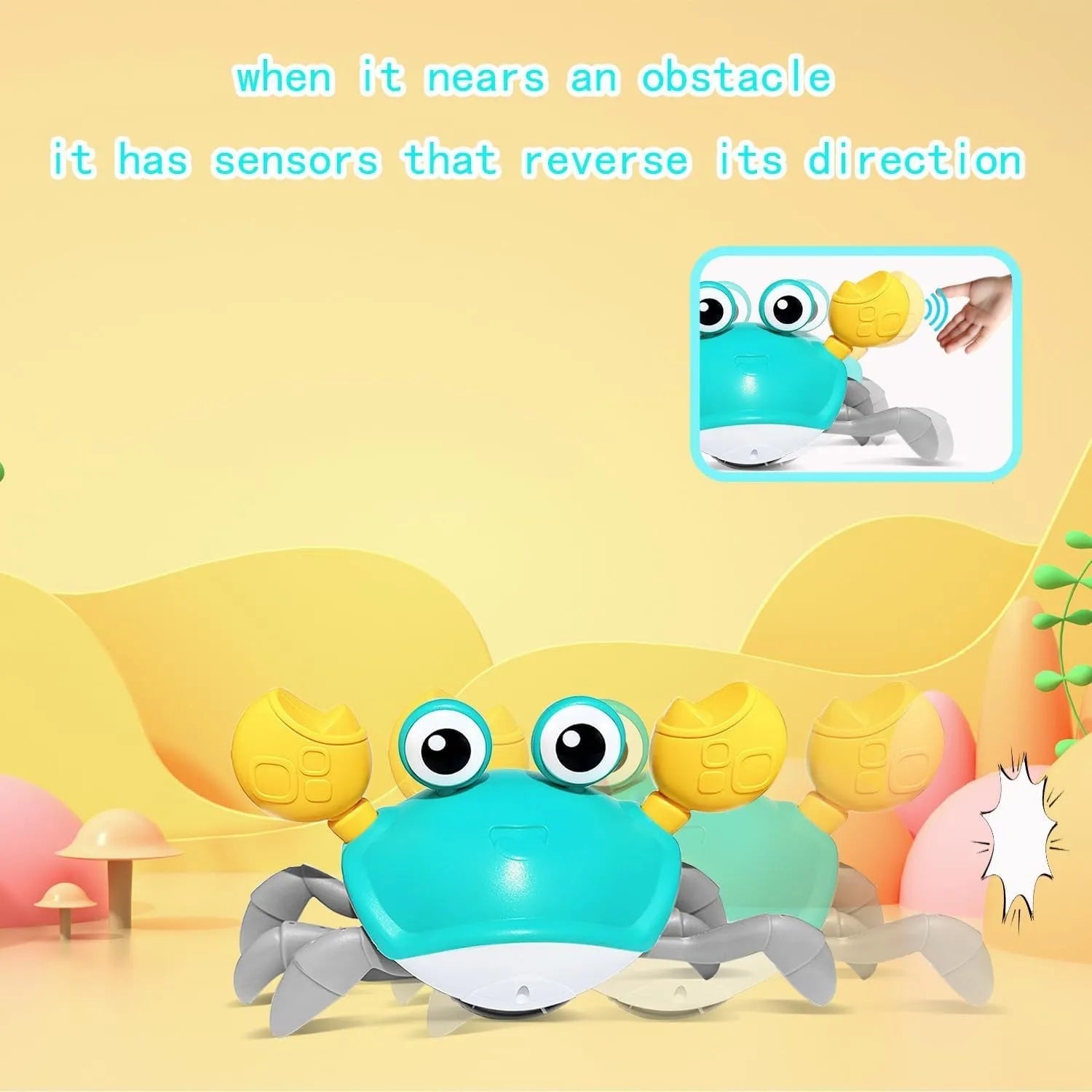 Blue interactive crawling crab dog toy with obstacle avoidance sensors