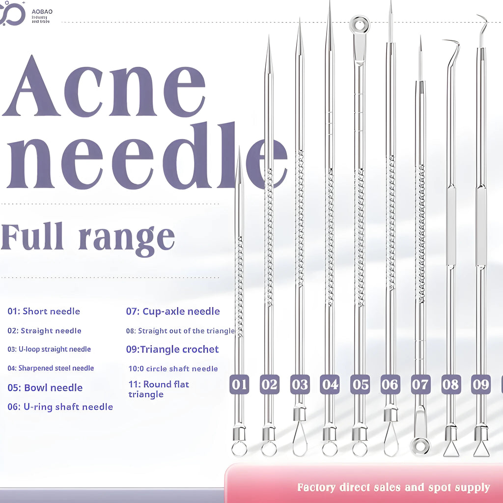 Four silver metal acne needles with pointed tips for skincare extraction.