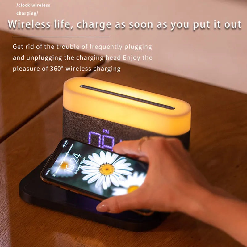 Mini black and white wireless charger desktop clock with night light and glass shell