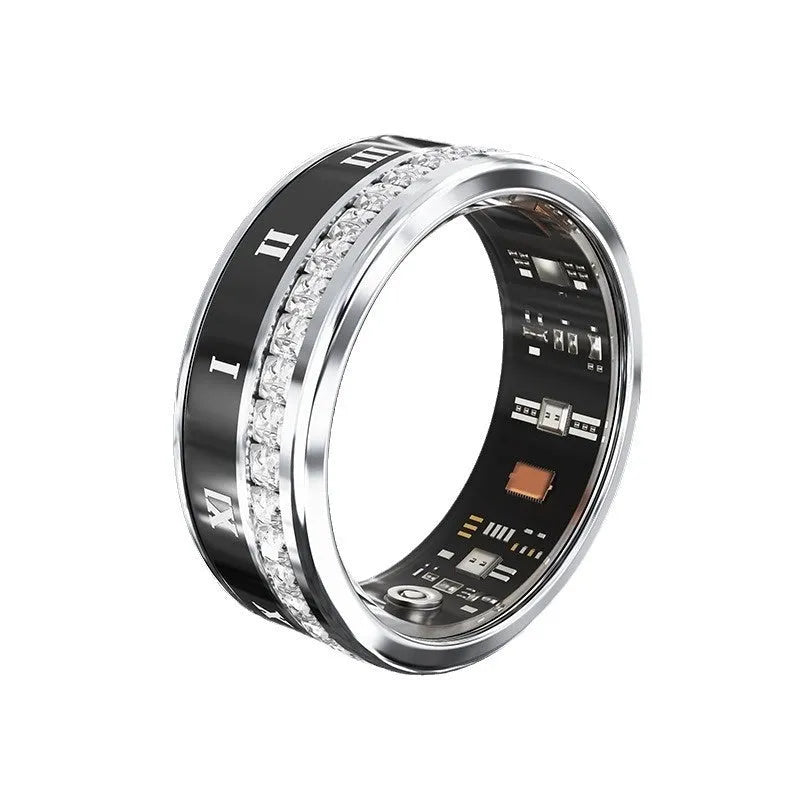 Diamond-inlaid smart ring in silver or gold with blood oxygen monitoring, shown with charging cable