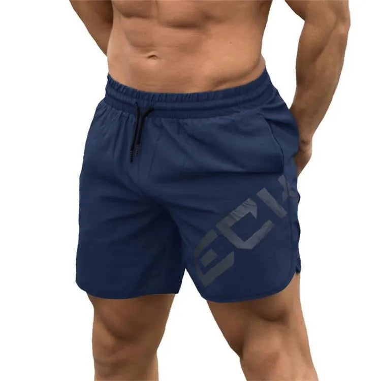 Men's black quick-dry elastic waist running shorts on a white background.