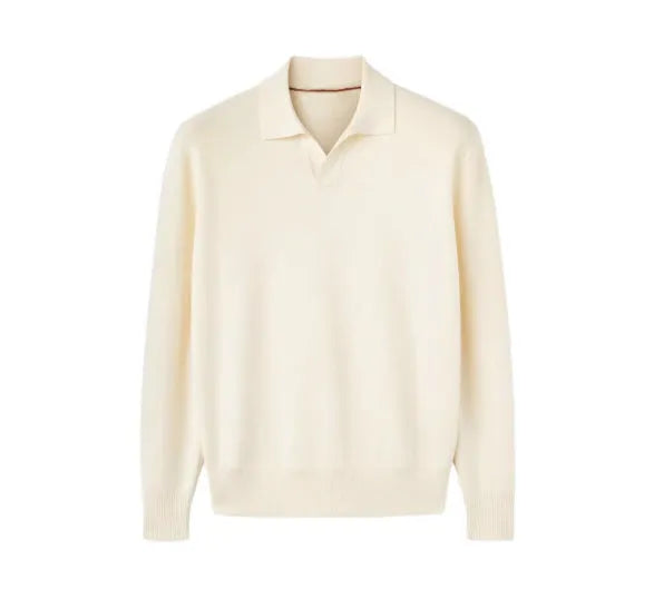 Pure wool POLO sweater with lapel collar and long sleeves in milky white colour