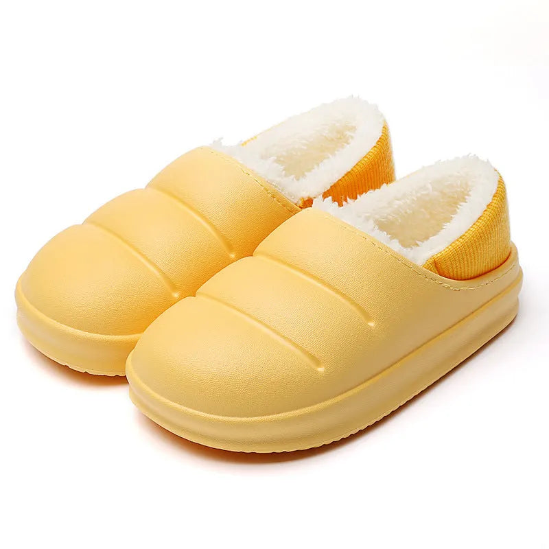 Waterproof couple cotton slippers in EVA material with non-slip sole and plush lining