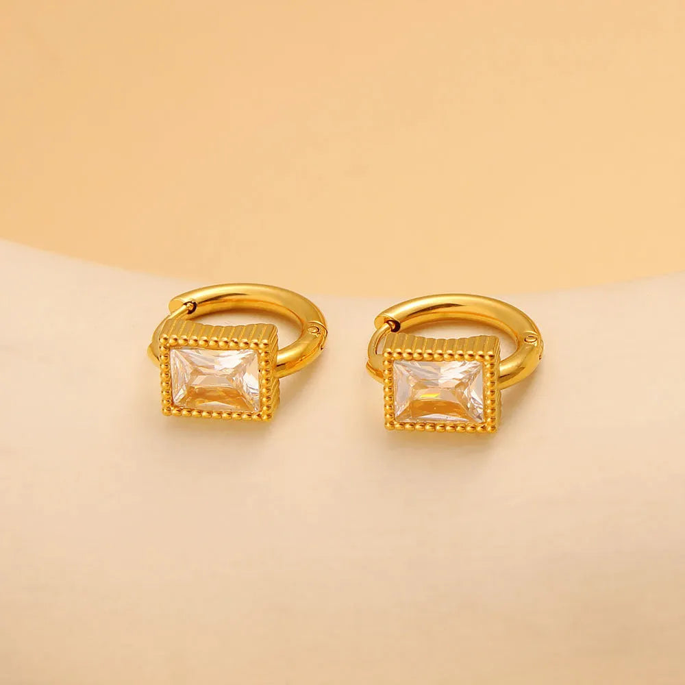 Geometric stainless steel earrings with square zircon stones in black, green, or white electroplated finishes