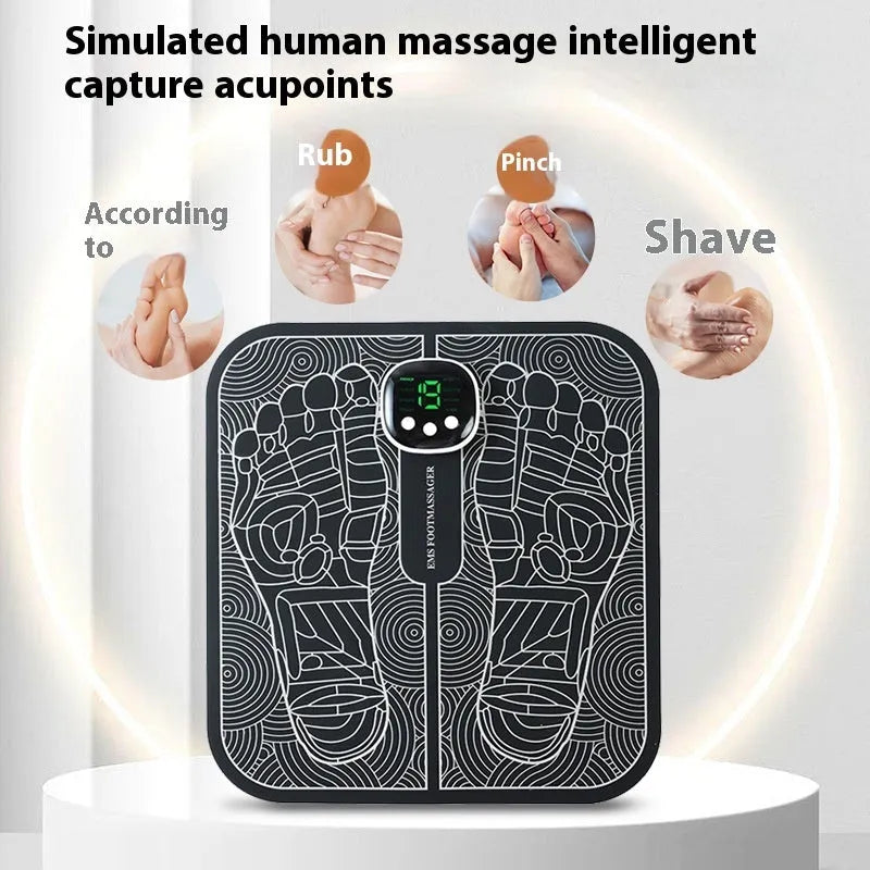 USB rechargeable reflexology foot massager mat with remote control on a wooden floor