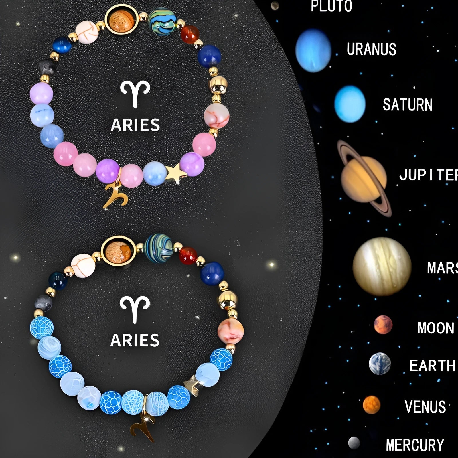 Set of two natural stone beaded bracelets with zodiac charms on a textured background.