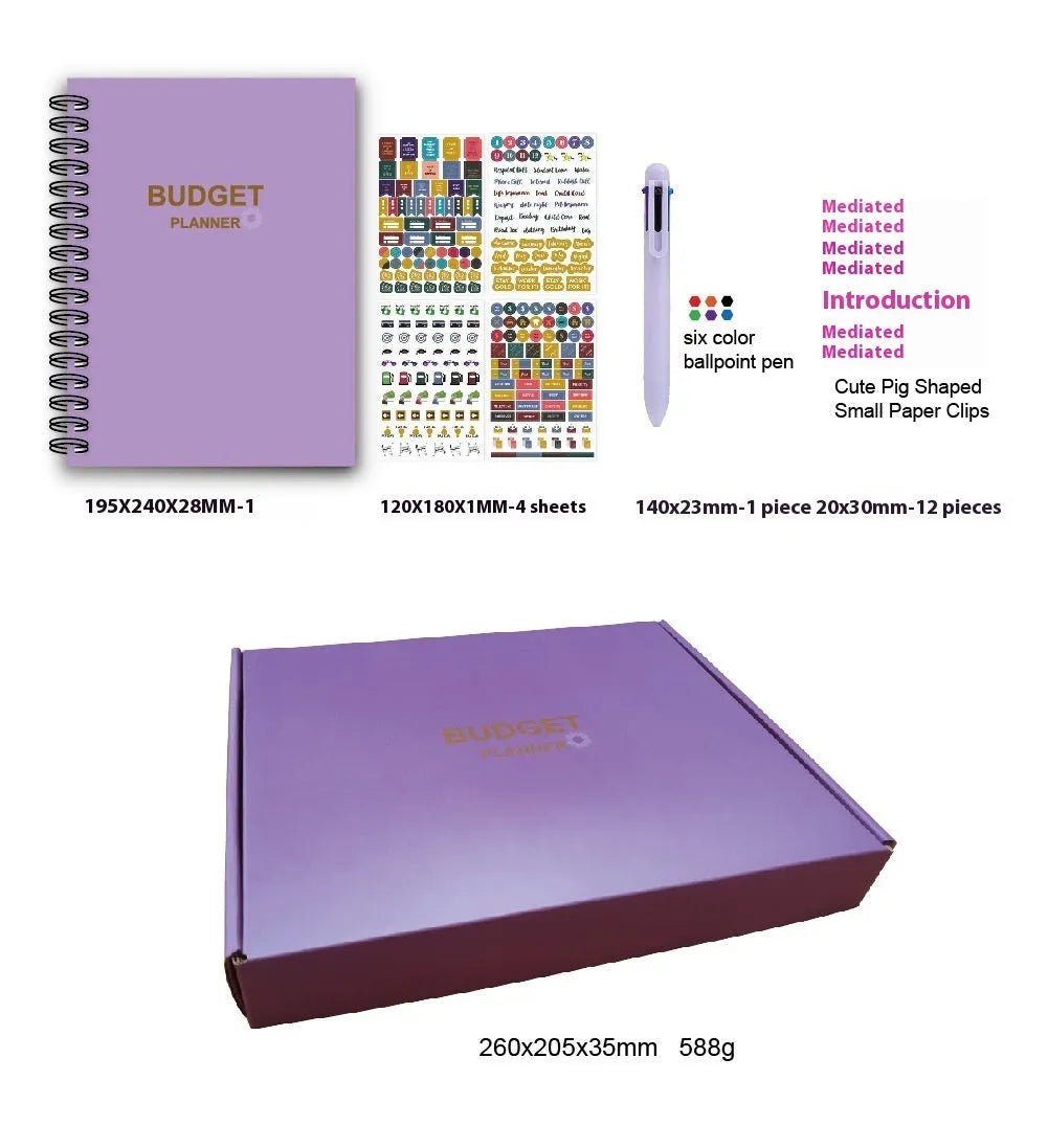 Purple A6 coil-bound budget notebook with pen and financial planning accessories