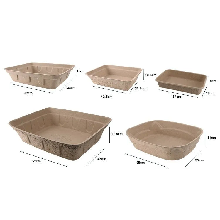 Brown disposable waterproof cat litter box with biodegradable cardboard construction showing three size options