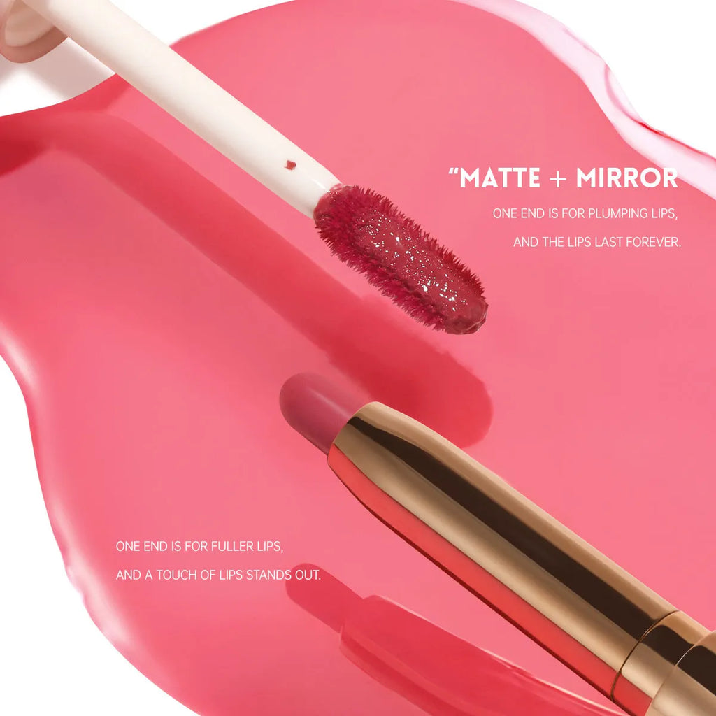 Double-headed lipstick and lip gloss cosmetic product showing matte finish with ten colour options