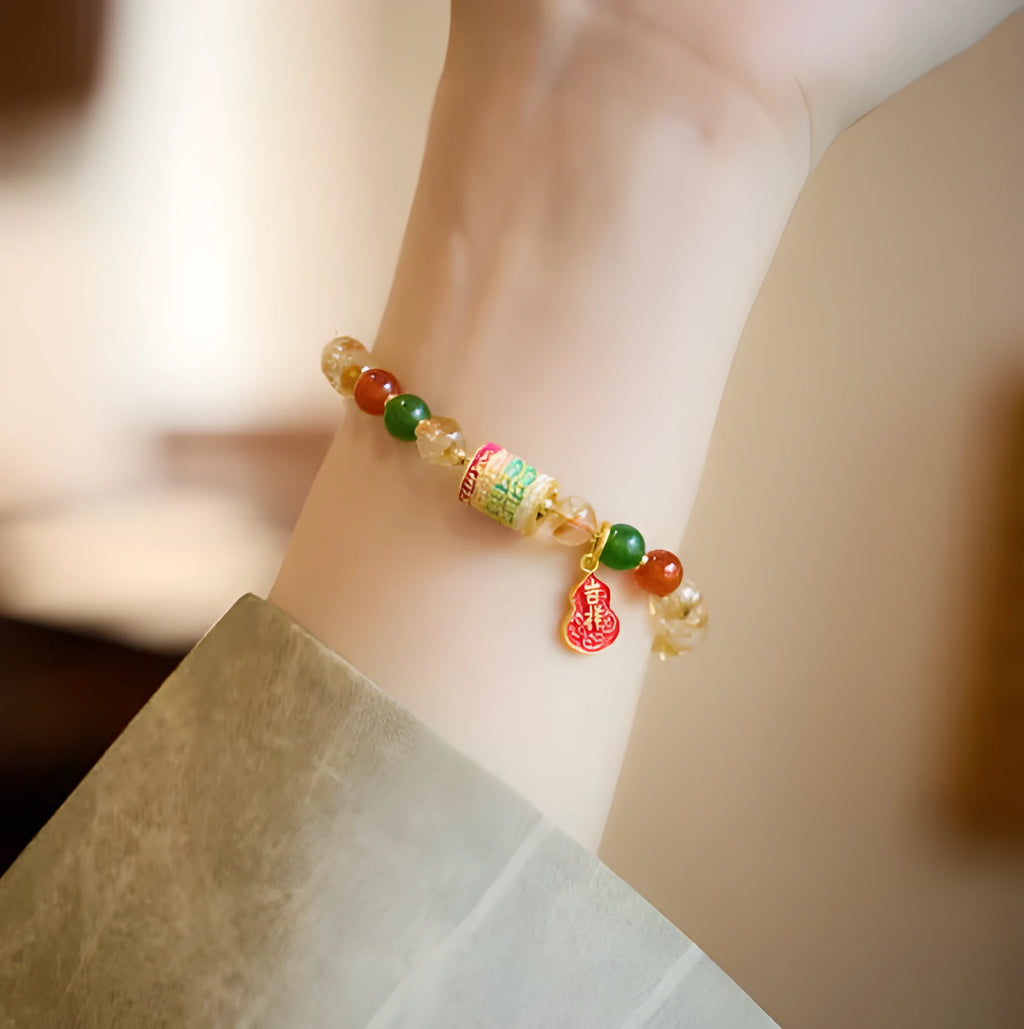 Hand-woven citrine five sutra bracelet with 6mm crystal beads in geometric pattern