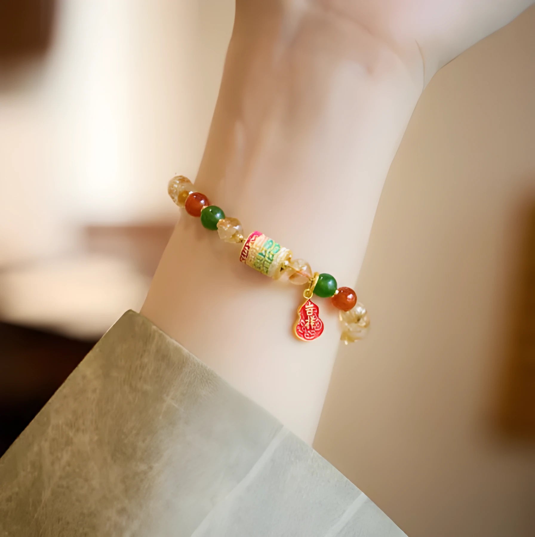 Hand-woven citrine five sutra bracelet with 6mm crystal beads in geometric pattern