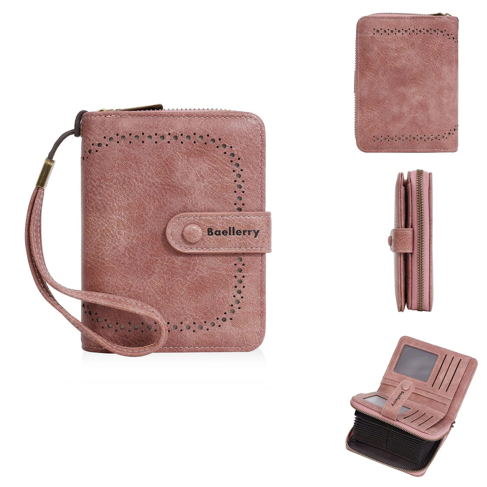 Women's black PU leather zip coin purse with card slots, shown alongside red, brown, and light grey colour options.