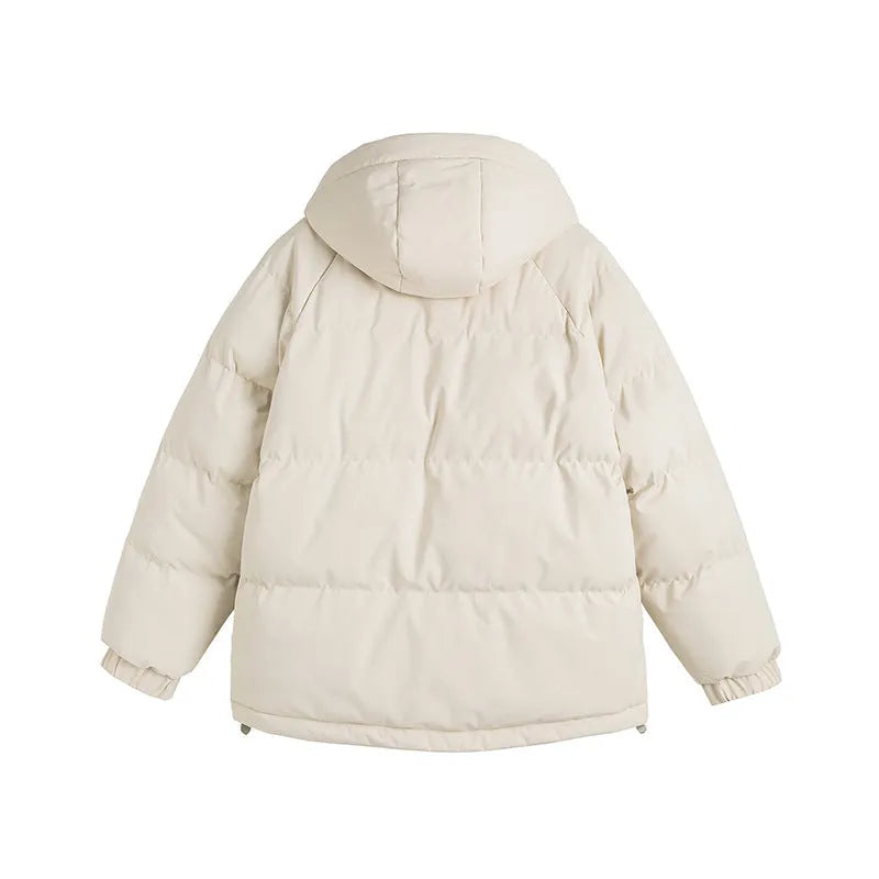 A loose two-piece cotton-padded winter coat in a solid colour with side seam pockets.