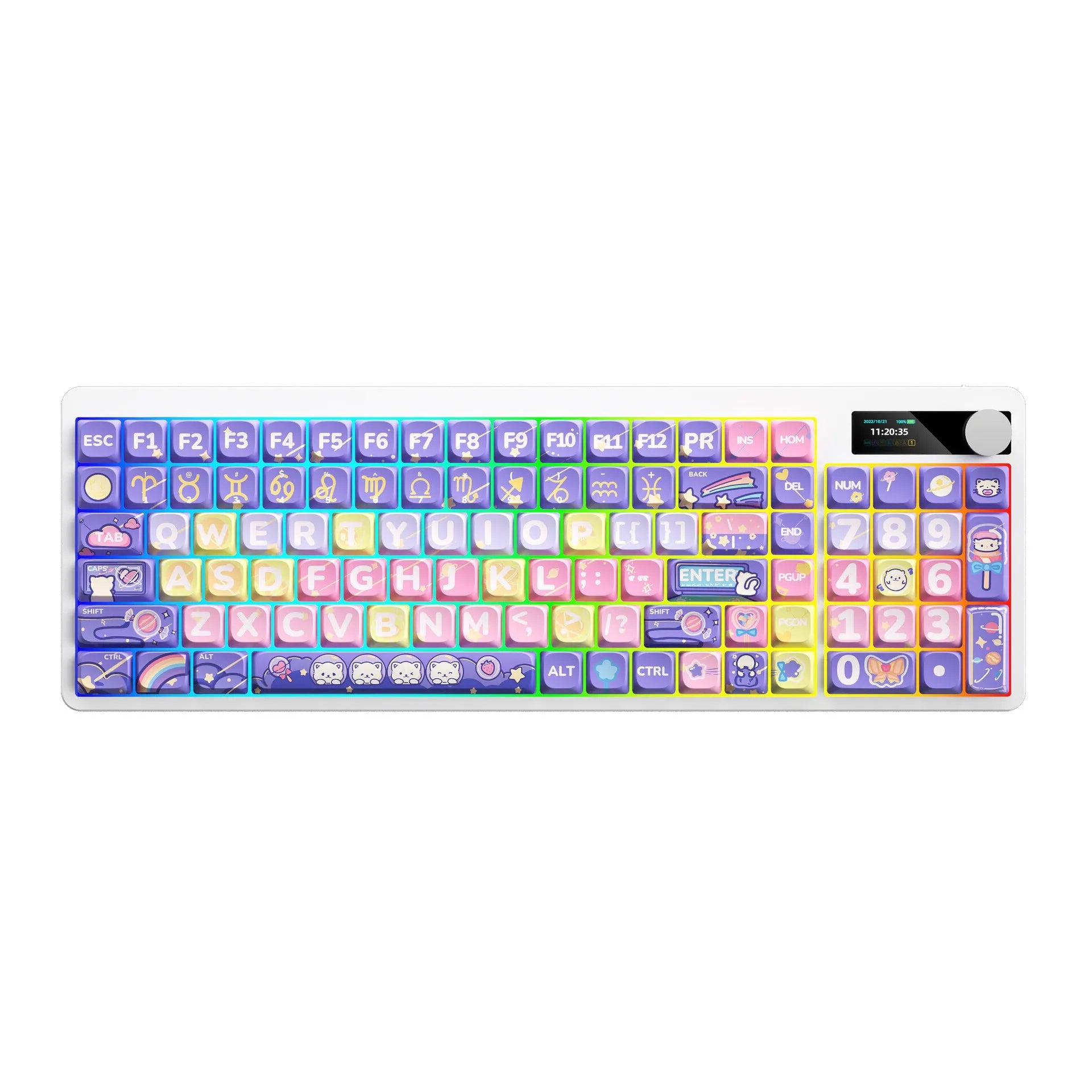 Black Iron Cow themed mechanical keyboard with RGB backlighting on a desk next to a laptop.