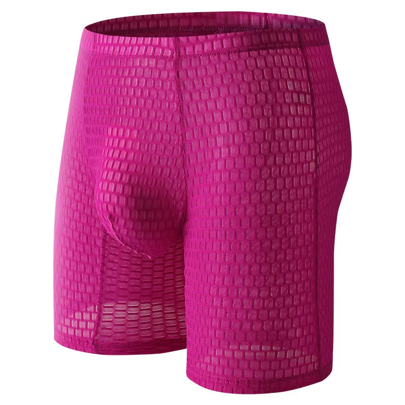Men's solid colour lace boxer shorts for shaping, shown in multiple colours including rose red and black.