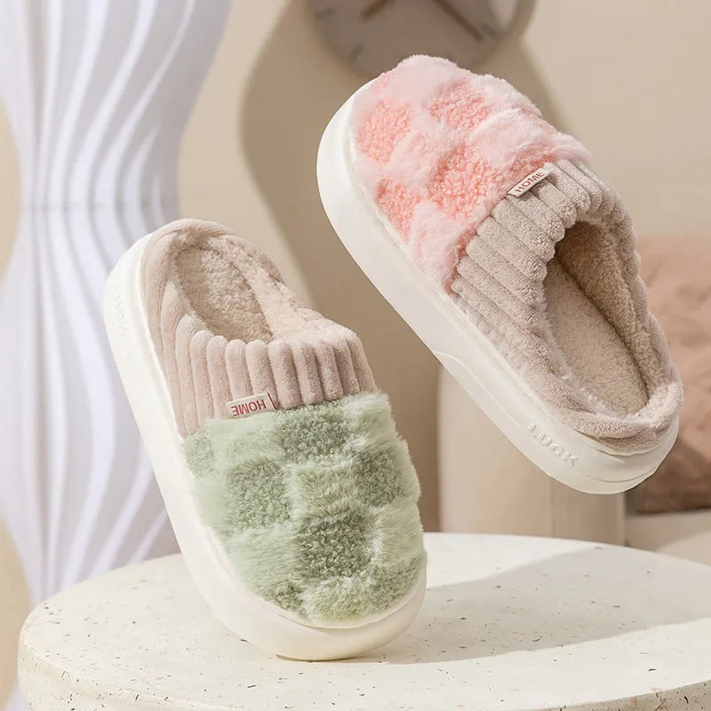Women's plaid plush indoor slippers with anti-slip sole in multiple colour options