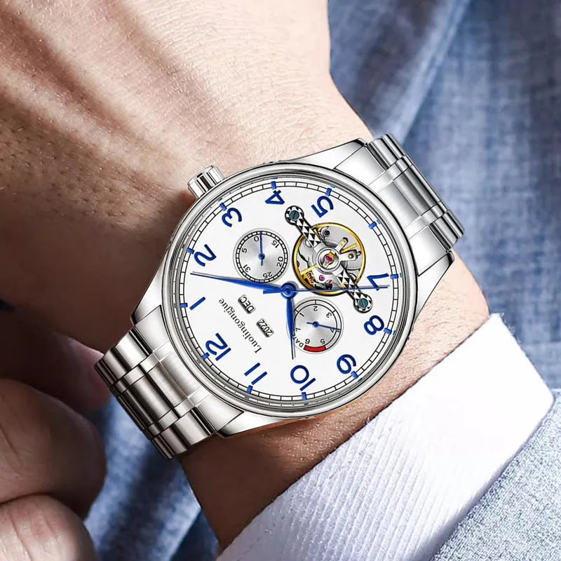 Men's stainless steel mechanical watch with sapphire crystal glass and genuine leather strap