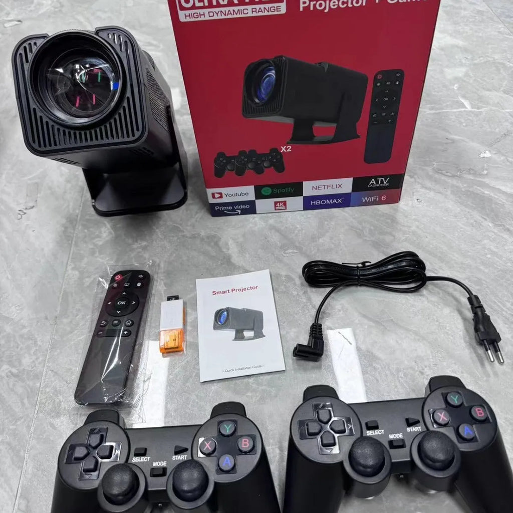 A white HD wireless game projector for home use on a wooden surface.