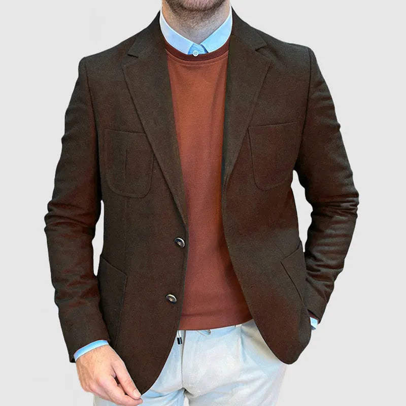 Men's loose-fit cotton tailored blazer in Army Green on a hanger