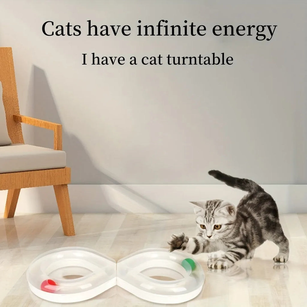 Blue rotating cat turntable toy with track ball and teasing stick measuring 50cm long