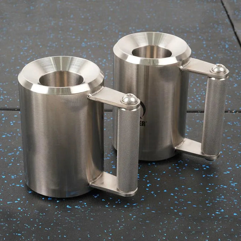 Silver stainless steel dumbbell cup weighing 8kg with cast iron core.