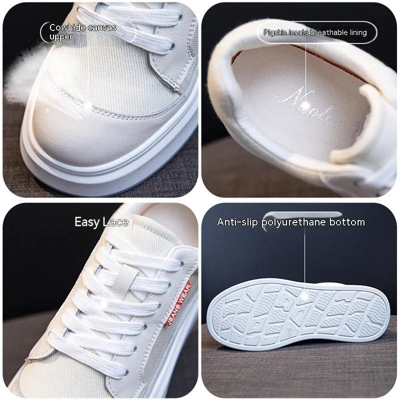 Women's beige and pink cowhide leather casual shoes with thick soles for height increase.