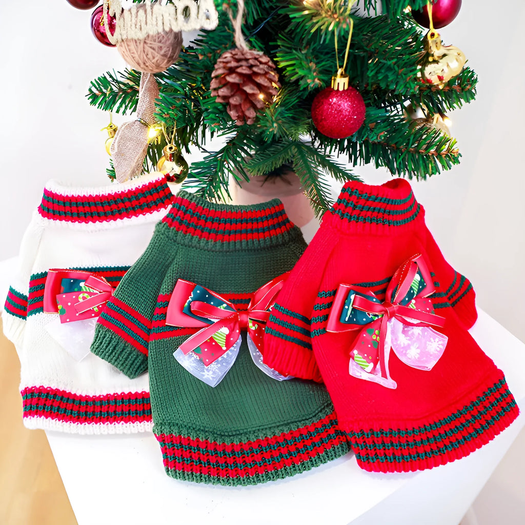 Red and green Christmas dog sweater for small pets with five size options from XS to XL