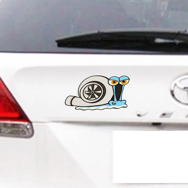 Reflective car bumper sticker with cartoon snail pattern measuring 12 by 8 centimetres