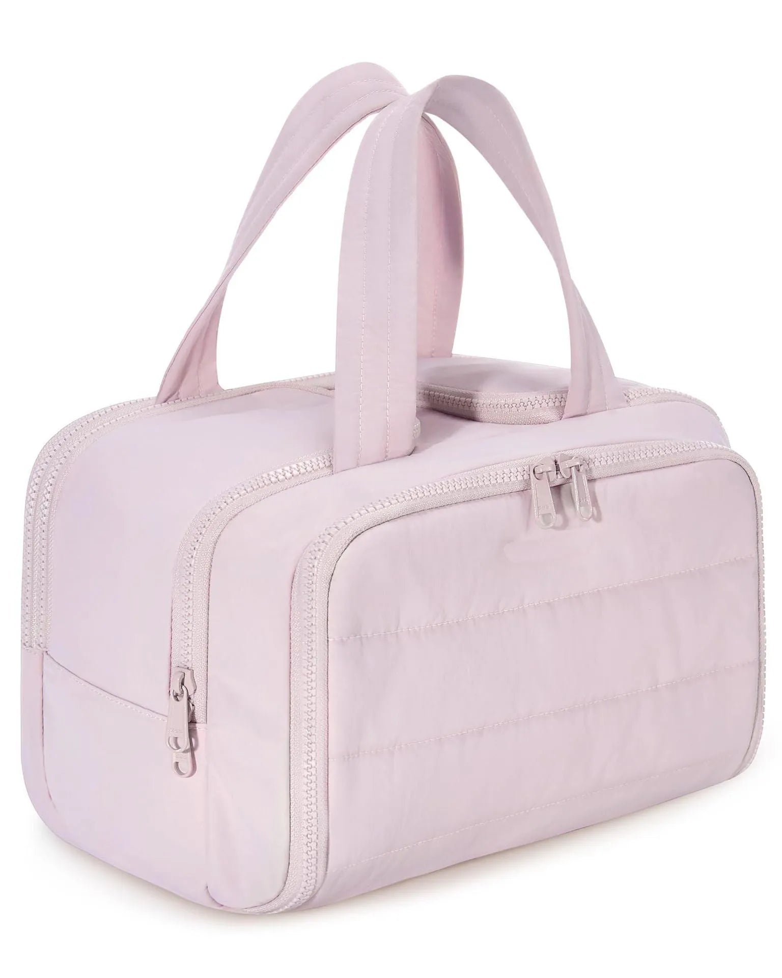 Large lightweight travel toiletry bag in black with wide opening, showing fluffy polyester material.