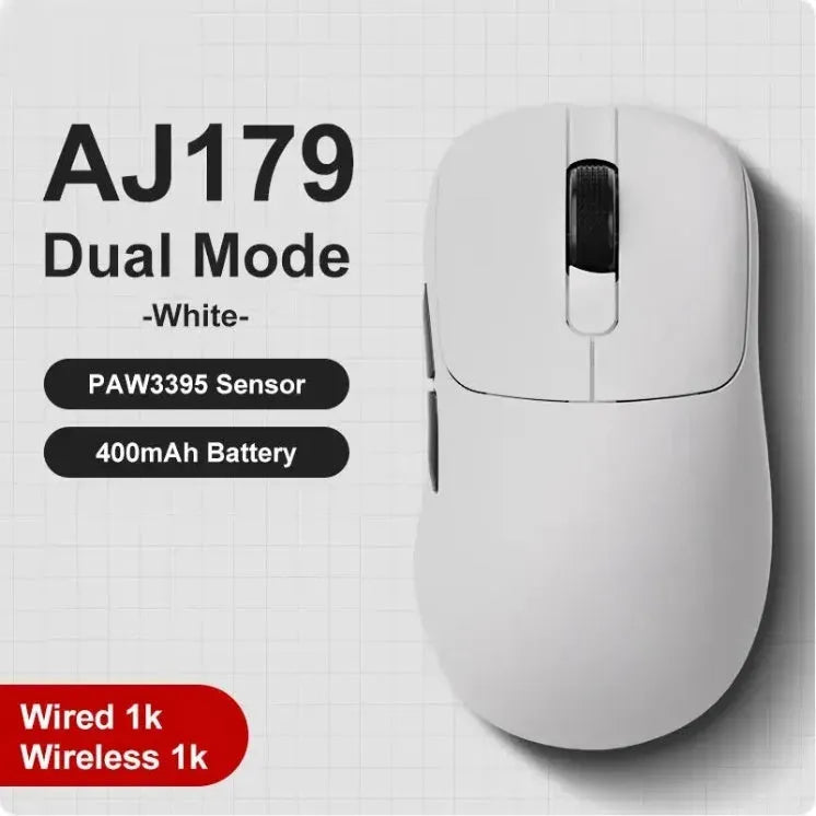 AJ159 gaming mouse in yunfeng white on a desk, showing compact size and Teflon foot pads