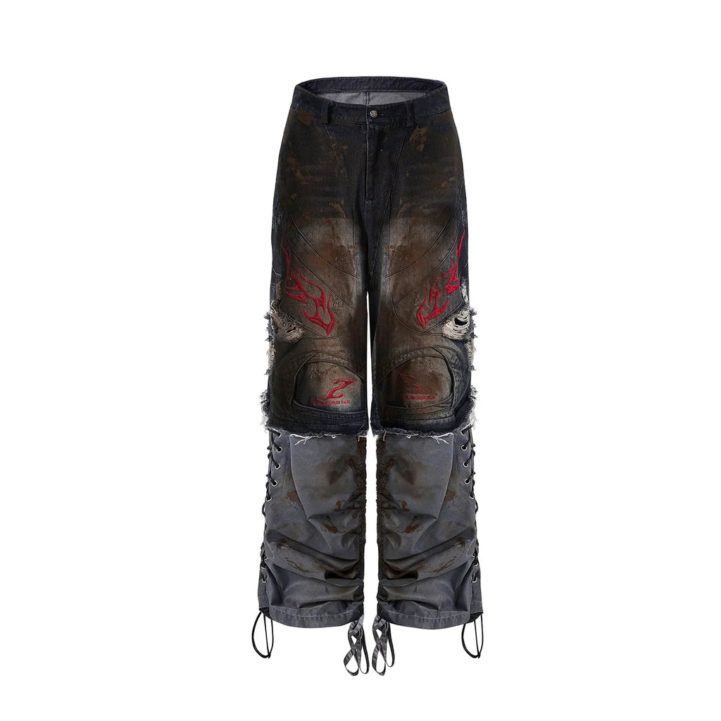 Men's retro jeans with detachable trouser legs in denim, shown in loose wide-leg fit.