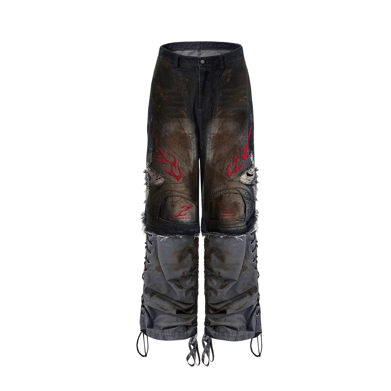 Men's retro jeans with detachable trouser legs in denim, shown in loose wide-leg fit.