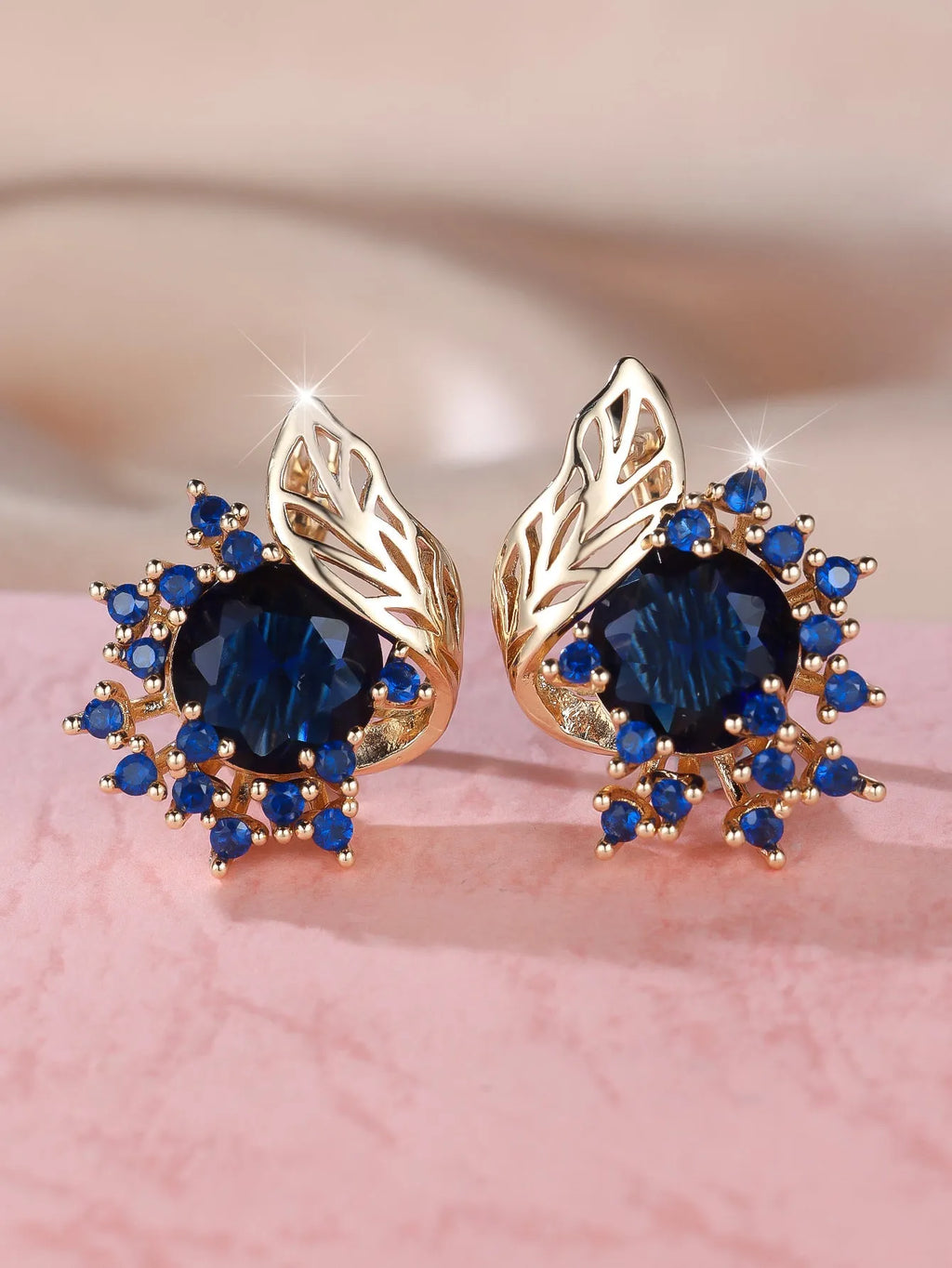Round flowers feather zircon earrings in rose gold electroplated finish with multiple diamond colour options