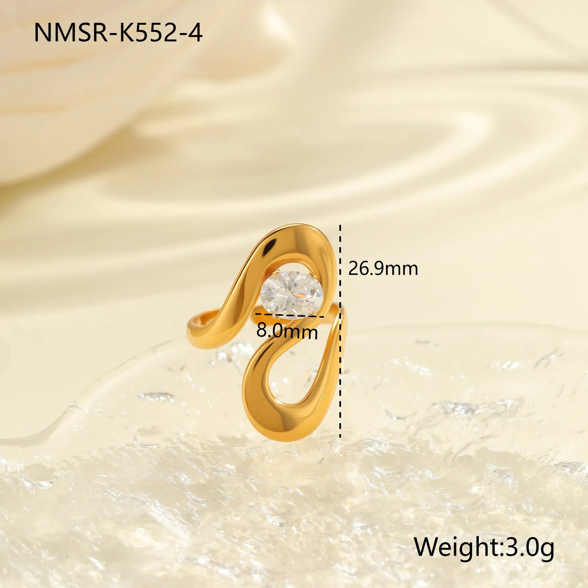 Women's geometric zircon ring with adjustable open mouth design on a hand.